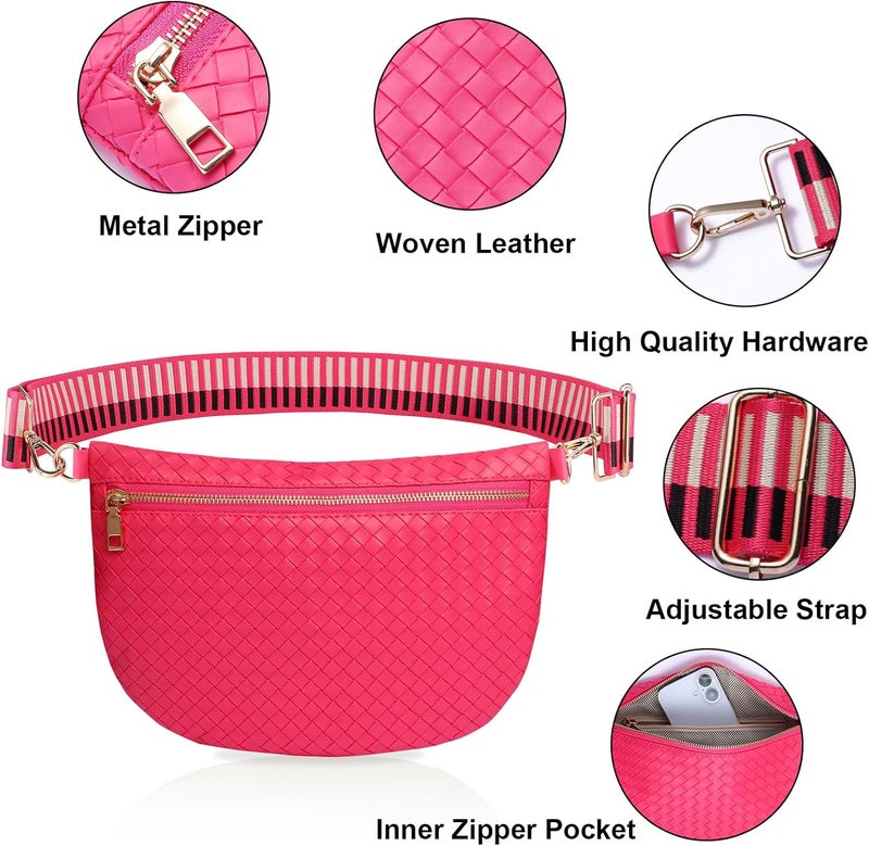 Dealkion Woven Crossbody Bags for Women Leather Belt Bum Sling Purse Fanny Waist Pack Chest Shoulder Bag for Women-Pink - Image 5